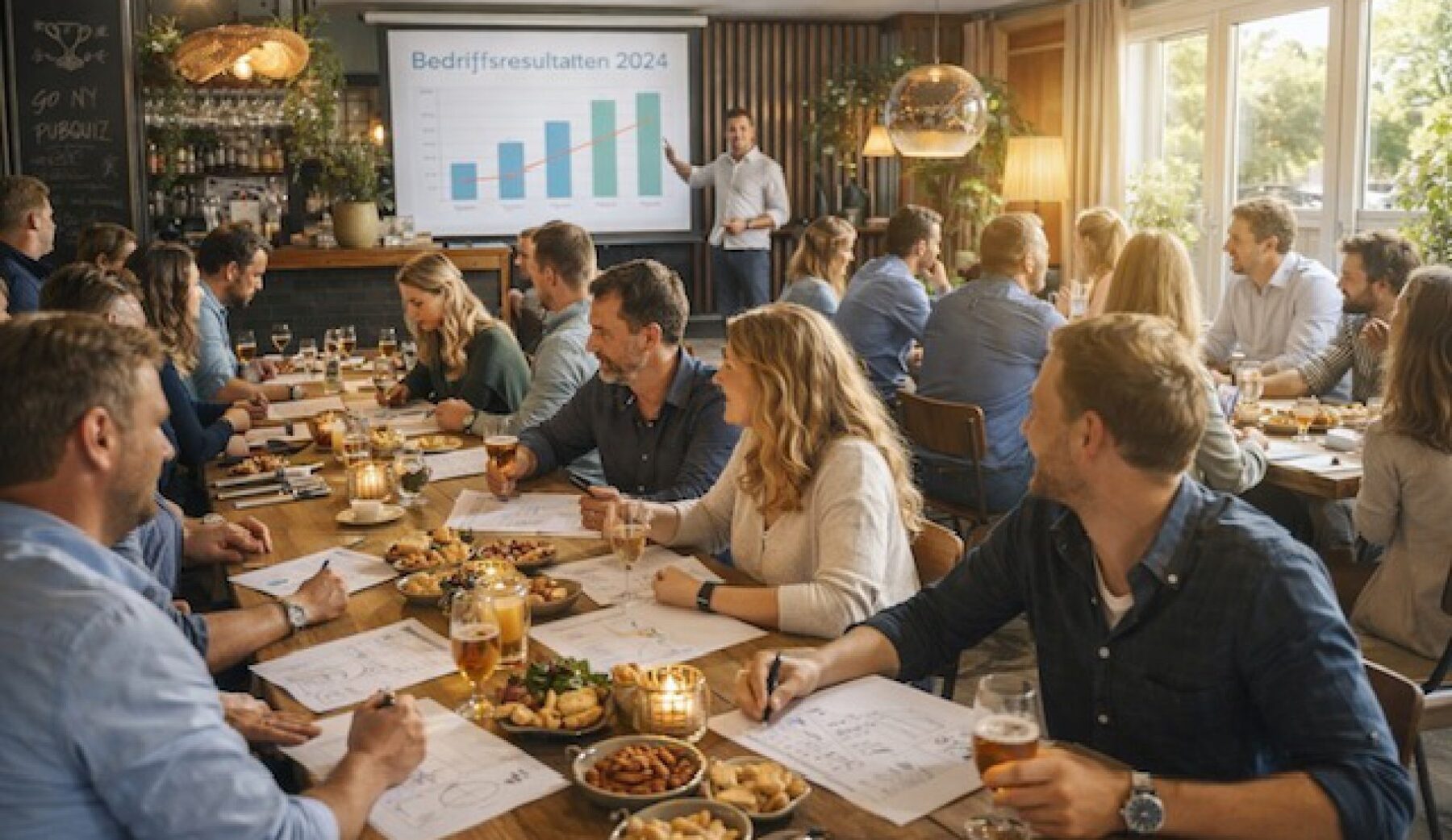 Een bedrijf aan tafel tijdens een quiz met presentatie bij Nassau