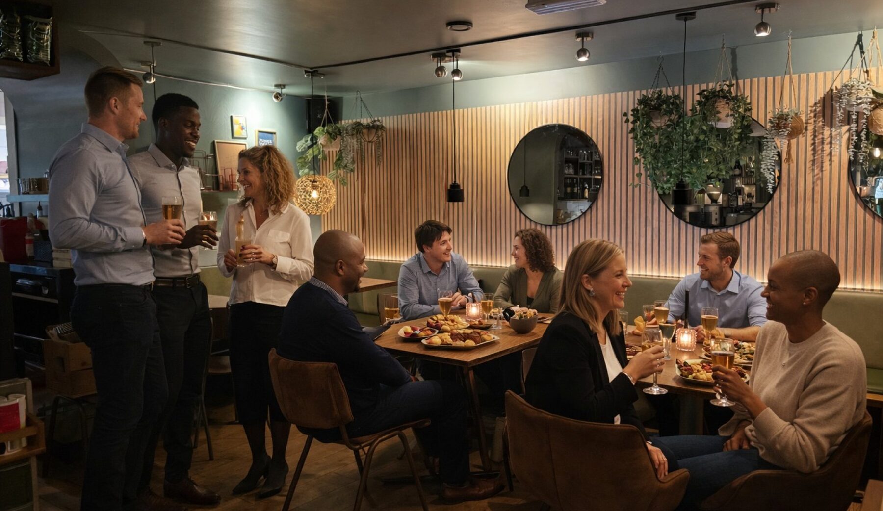 Zakelijk gezelschap aan tafel en aan de borrel bij Nassau